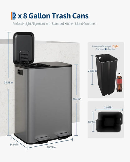 Stainless Steel Dual Trash Can Double Compartment Garbage and Recycling Bin Combo with Lid,Step-On Pedal,Removable Liner Buckets