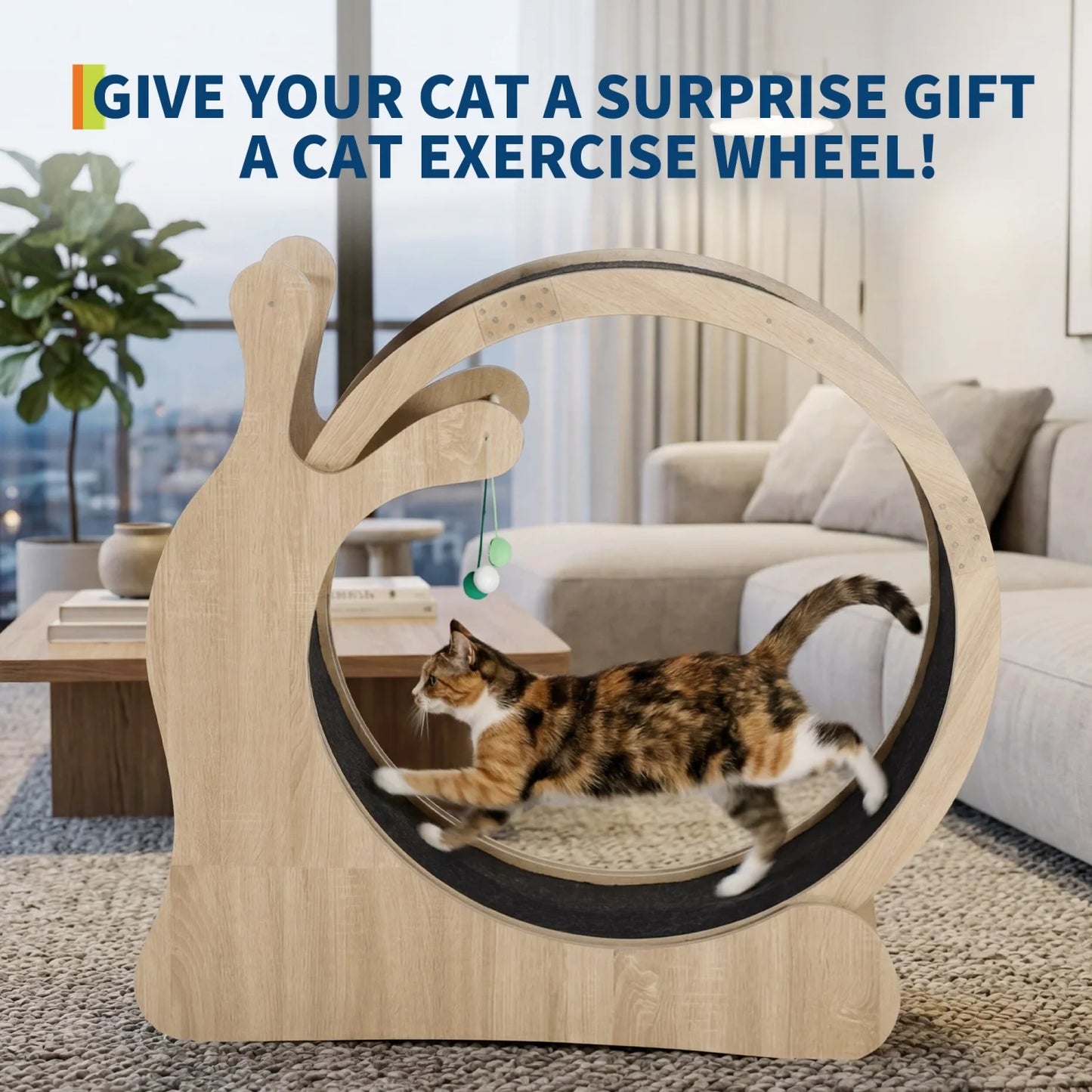 85cm/95cm Large Cat Treadmill for Indoor Cats, Wooden Cat Exercise Wheel with Detachable Carpet & Scratching Board,Playing Toy