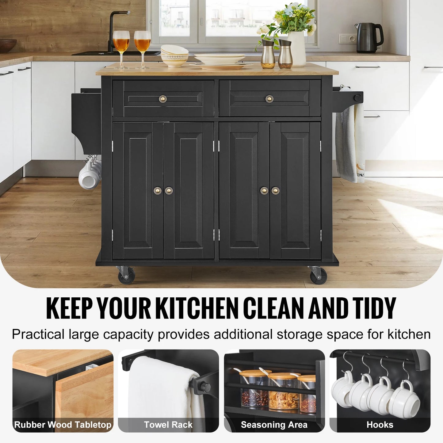 SucceBuy Wood Top Kitchen Island Cart With Storage Cabinet