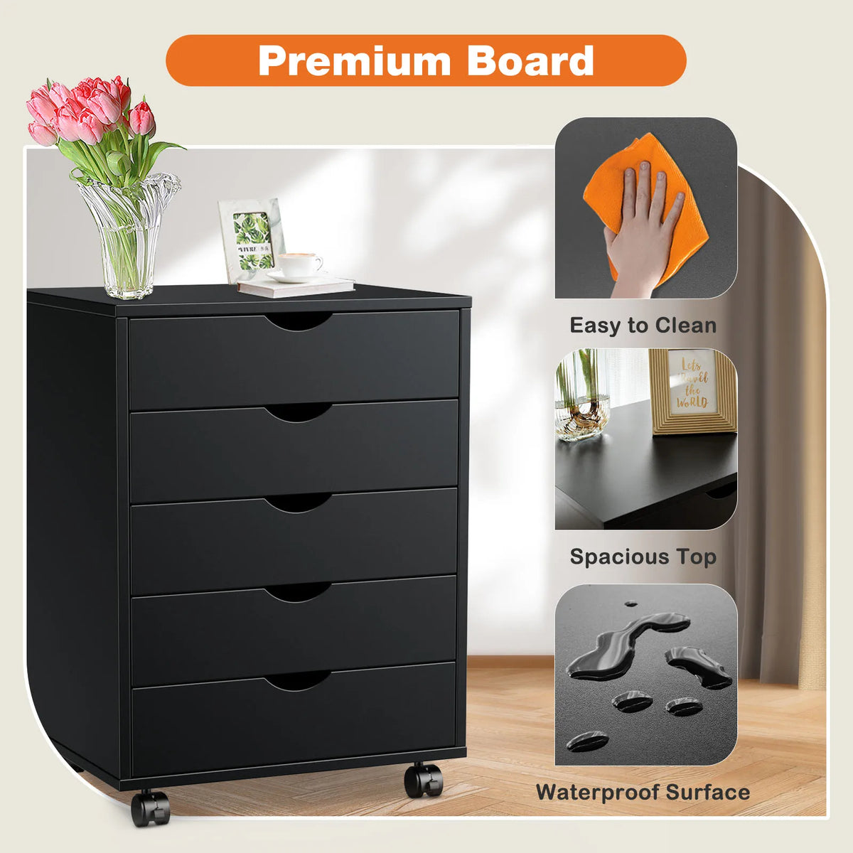 JHK Five Drawer Wooden Nightstand Cabinet With Rolling Storage