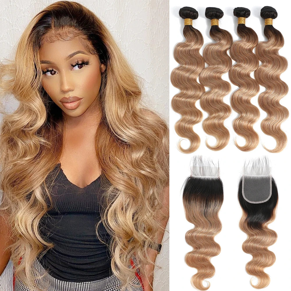 12A Ombre Body Wave Bundles Human Hair With Closure Unprocessed Virgin Hair Brazilian Ombre Colored 3/4 Bundles With Closure