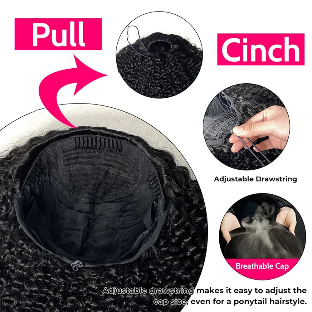 Limoumi 3 In 1 Half Wig With Drawstring Seamless Human Hair Kinky Curly Headband Wig