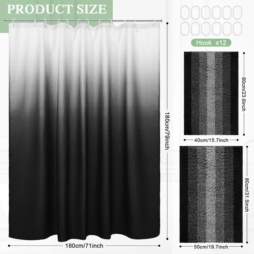 Waterproof Shower Curtain And Rug Set With 12 Hooks For Hotel And Home Bathroom Decor