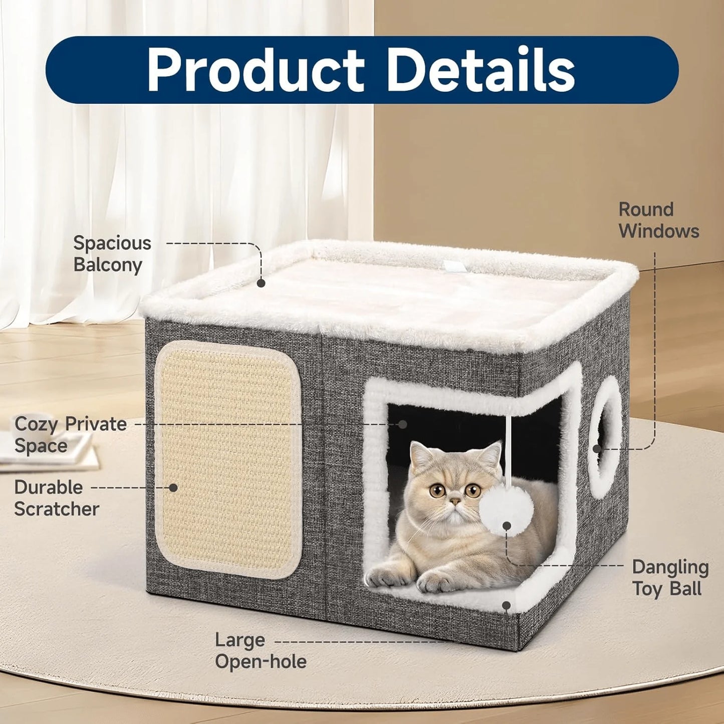 Gray Fabric Cat House with Scratching Panel, Hanging Ball Toy, and Dual-Entry Design for Indoor Cats