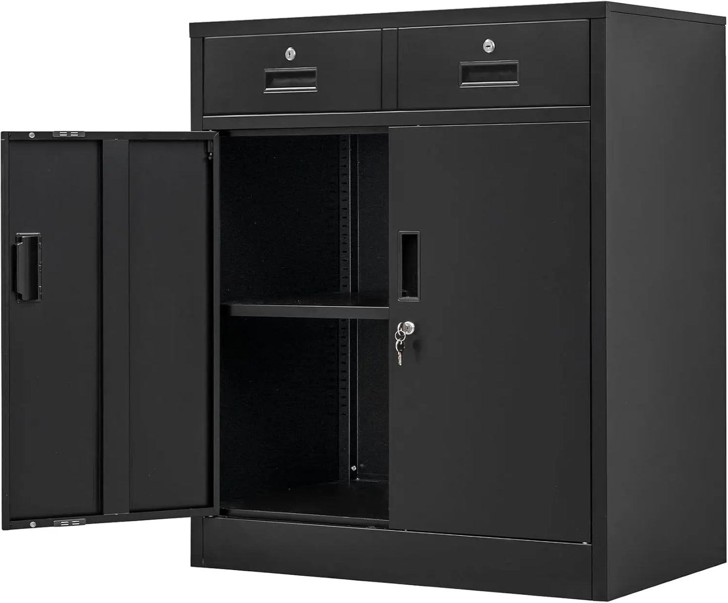 Metal Locking Storage Cabinet With Drawers And Adjustable Shelf