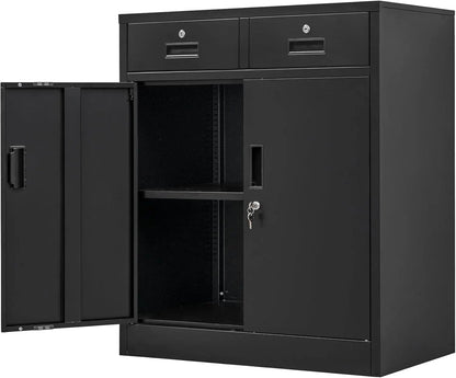 Metal Locking Storage Cabinet With Drawers And Adjustable Shelf