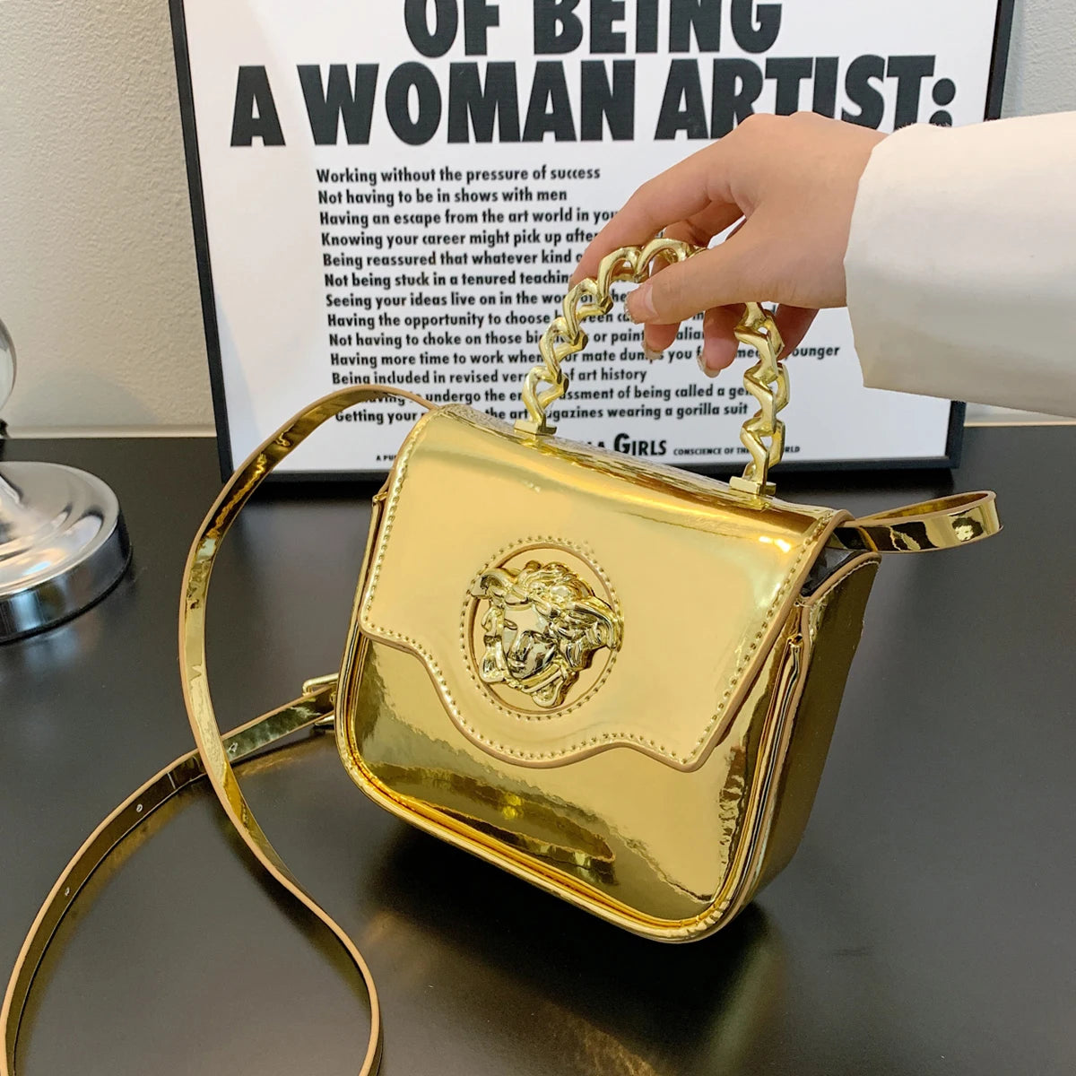 Mini Croc-Texture Crossbody Bag Gilded Medusa Logo PU Flap Magnetic Closure Chain Handle + Adjustable Strap for Daily Use