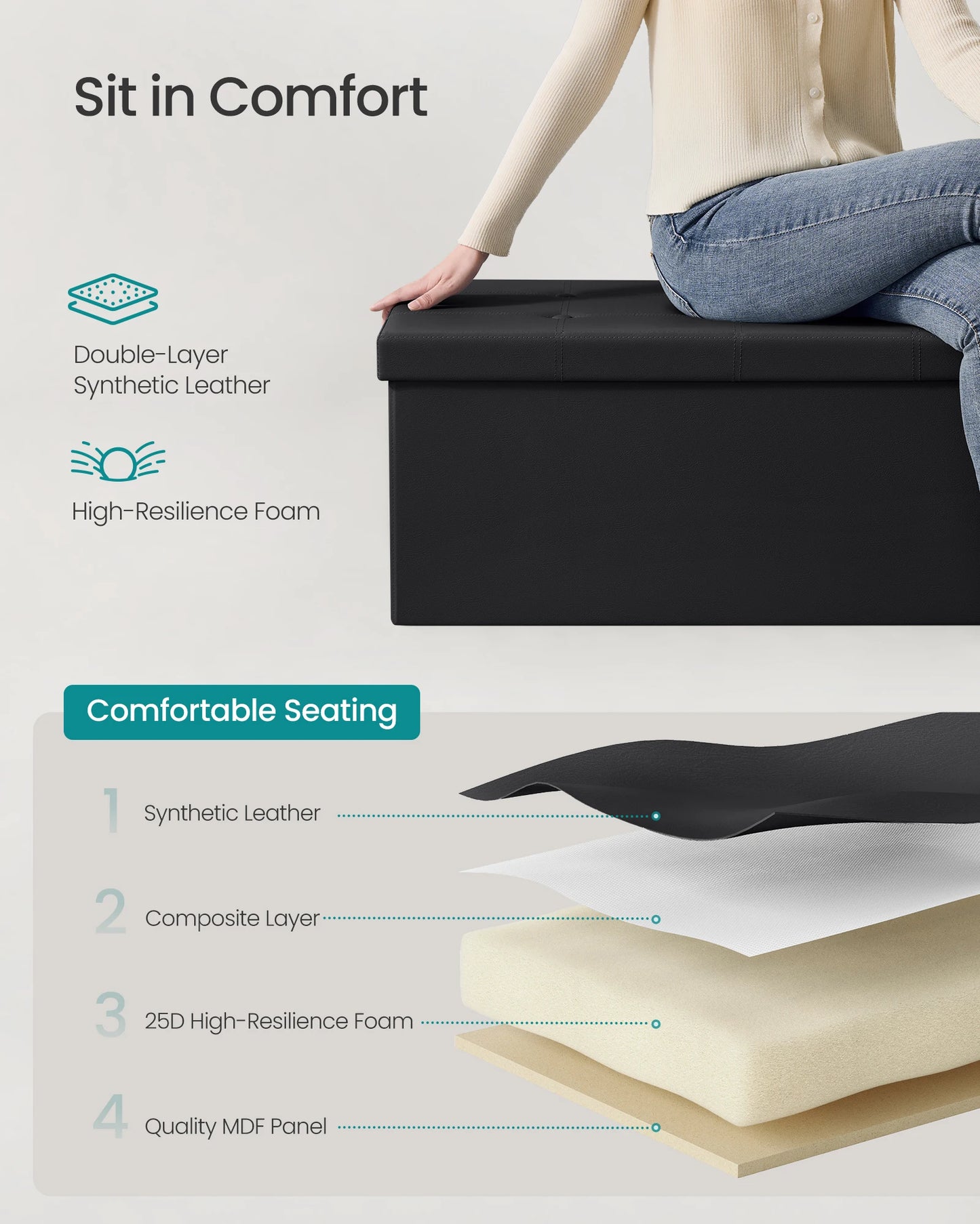 SONGMICS 43 Inches Folding Storage Ottoman Bench, Storage Chest, Footrest, Coffee Table, Padded Seat, Faux Leather