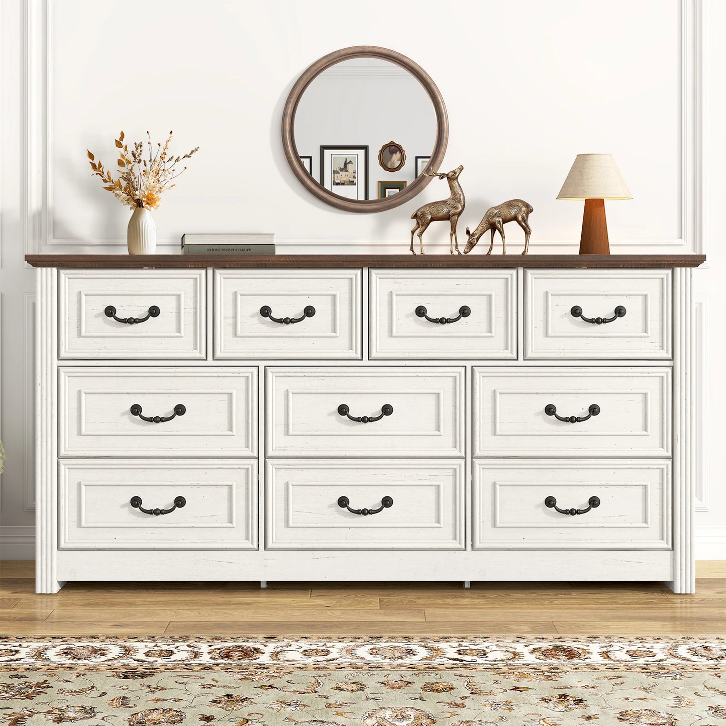 QiaoShiRen Farmhouse 10 Drawer Dresser With Rustic Handles