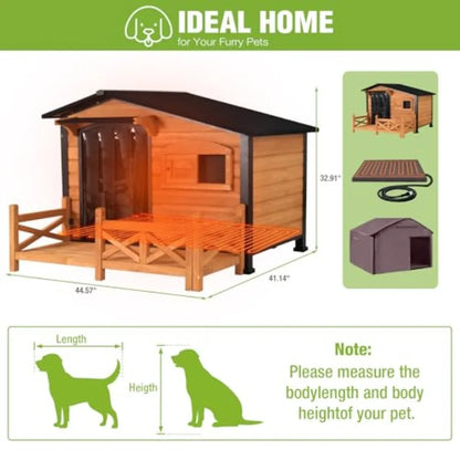 Extra Large Outdoor Heated Dog House XL Insulated Dog Kennel with Safe Heating Pad Chew-Proof Metal Frame 6-Sided Thermal Liner