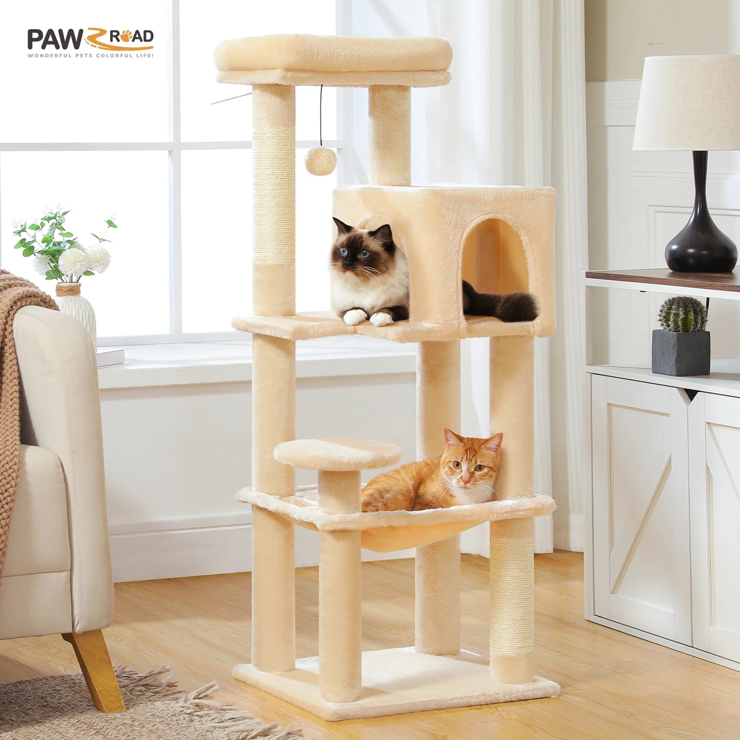 Multi-Level Cat Tree with Sisal Scratching Posts Cozy Condo Big Hammock Plush Cat Tower for Indoor Kitten House Bed Cat Toys