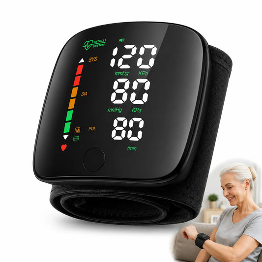 Wrist Blood Pressure Monitor Digital BP Machine with Large LED Display Voice Broadcast 3 Color Backlight Dual User 2x99 Memory Fast Reading Compact Portable Wrist Cuff Sphygmomanometer Pulse Rate Monitor for Adults Seniors Ho