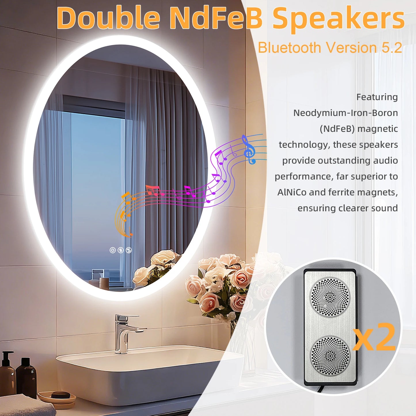 LED Oval Vanity Mirror With Bluetooth Speakers Anti Fog Dimmable