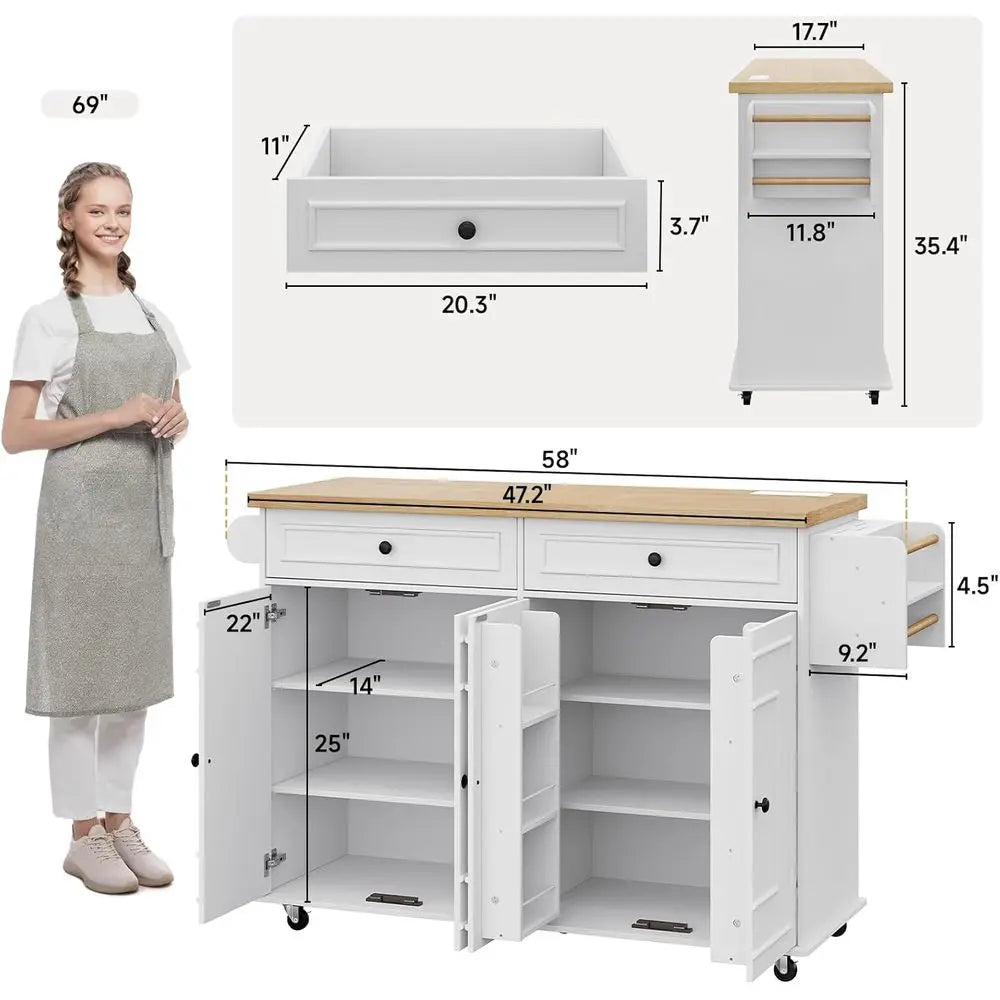 58 Mobile Kitchen Island Cart with Power Outlet, Storage, Spice Rack, Towel Rack & Knife Holder