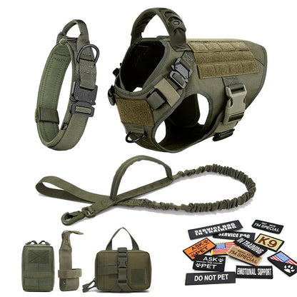 Olive green tactical dog harness set with collar, leash, pouches, and assorted patches