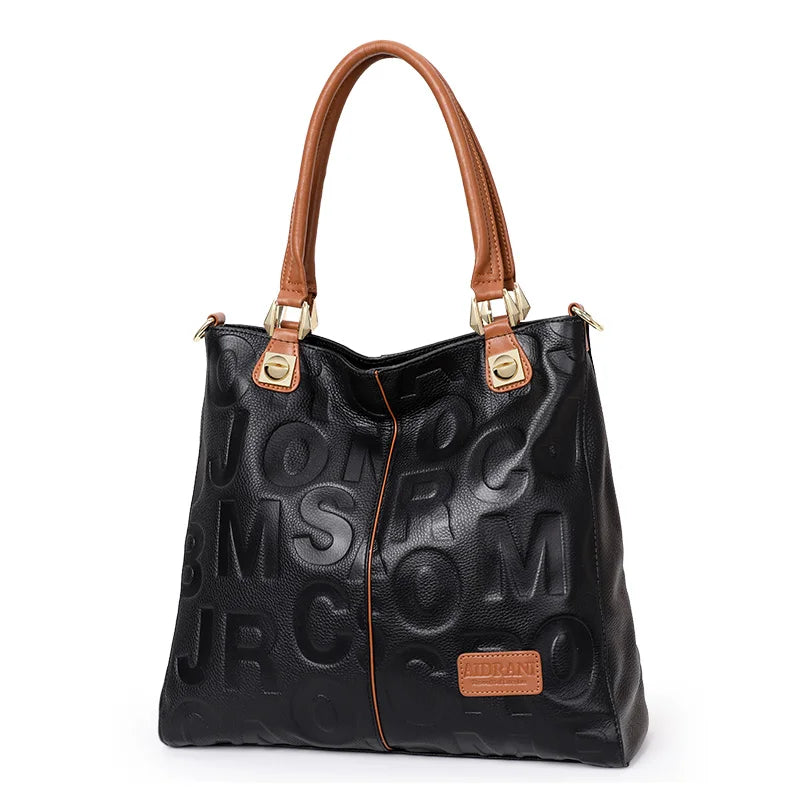 Trendy women's bag leather letter tote bag large capacity top cowhide shoulder cross-body bag