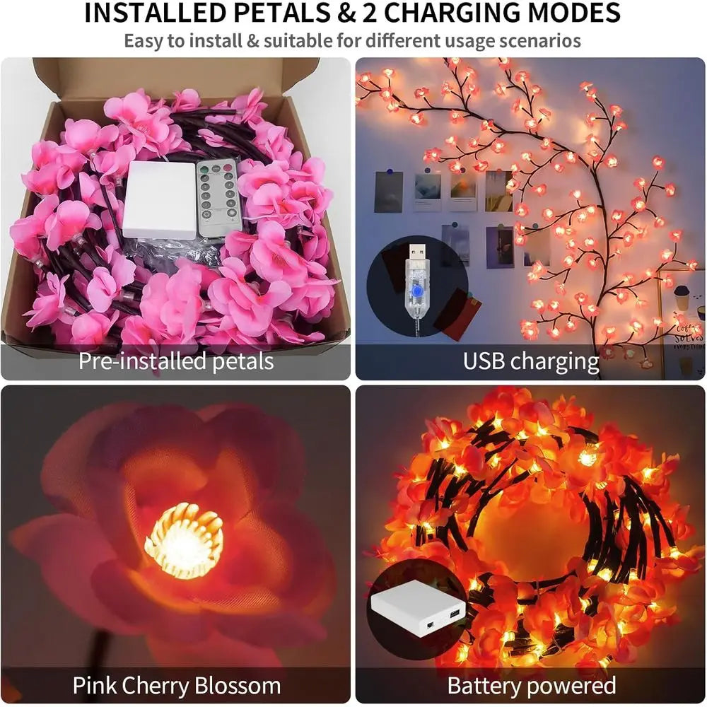 Cherry Enchanted Willow Vine Lights 7.55T 144LED Pink Cherry Blossom Tree Branch Lights or Wall, Remote Timer,8 Light el,Bedroom