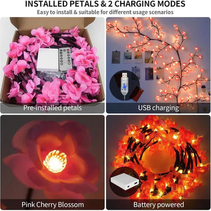 Cherry Enchanted Willow Vine Lights 7.55T 144LED Pink Cherry Blossom Tree Branch Lights or Wall, Remote Timer,8 Light el,Bedroom