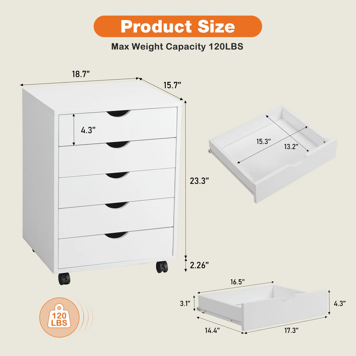 JHK Five Drawer Wooden Nightstand Cabinet With Rolling Storage