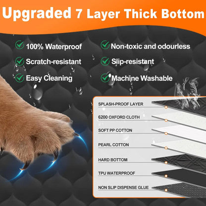 Dog paw on black waterproof mat showing 7-layer construction, scratch-resistant, slip-resistant, easy cleaning features.