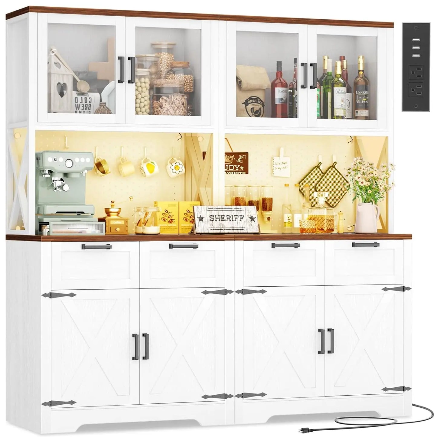 71" Tall Kitchen Pantry Storage Cabinet with LED Light & Outlet, 63" Wide Kitchen Hutch Cabinet with Large, Customized
