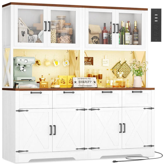 71" Tall Kitchen Pantry Storage Cabinet with LED Light & Outlet, 63" Wide Kitchen Hutch Cabinet with Large, Customized
