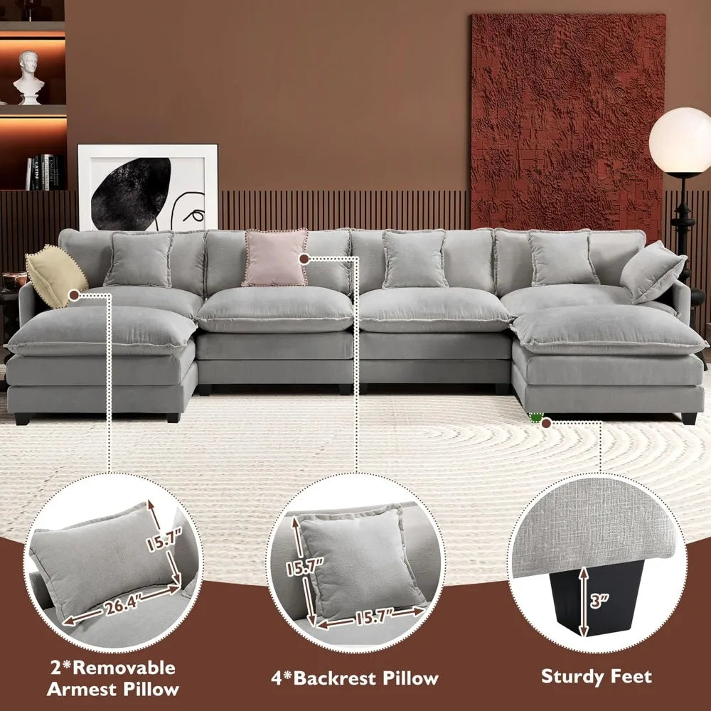 U-Shaped Modern Sofa Modular Sectional Cloud Couch with 2 Ottoman, 6-Seat Chenille Deep Seat Sofa with 6 Pillows for Living Room