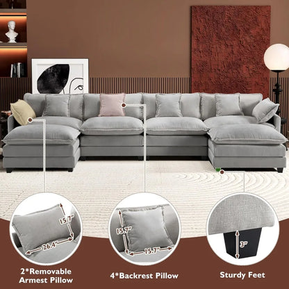 U-Shaped Modern Sofa Modular Sectional Cloud Couch with 2 Ottoman, 6-Seat Chenille Deep Seat Sofa with 6 Pillows for Living Room