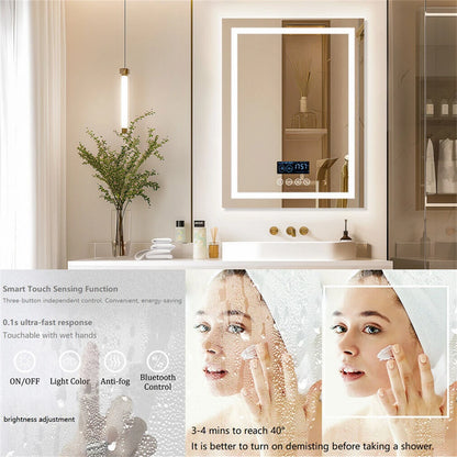 BORWART Smart LED Bathroom Mirror With Bluetooth Time Temperature AntiFog
