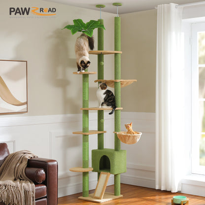 Floor to Ceiling Cat Tree with Sisal Scratching Posts Cozy Condo Hammock Adjustable Height Tall Cat Tower for Indoor Cat Toys