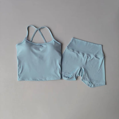 Yoga Gym Set Halter Top Set Yoga High Waist Shorts Set Backless Tights Bra Vest Seamless Stretch Ribbed Buttocks Lift Shorts Set