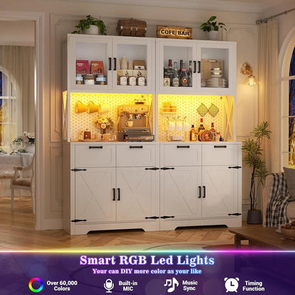 71" Tall Kitchen Pantry Storage Cabinet with LED Light & Outlet, 63" Wide Kitchen Hutch Cabinet with Large, Customized