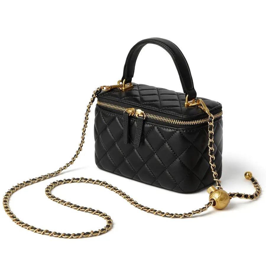 Quilted Box Crossbody Purse For Women Designer Leather Mini Top Handle Pouch Bag With Metal Chain Strap