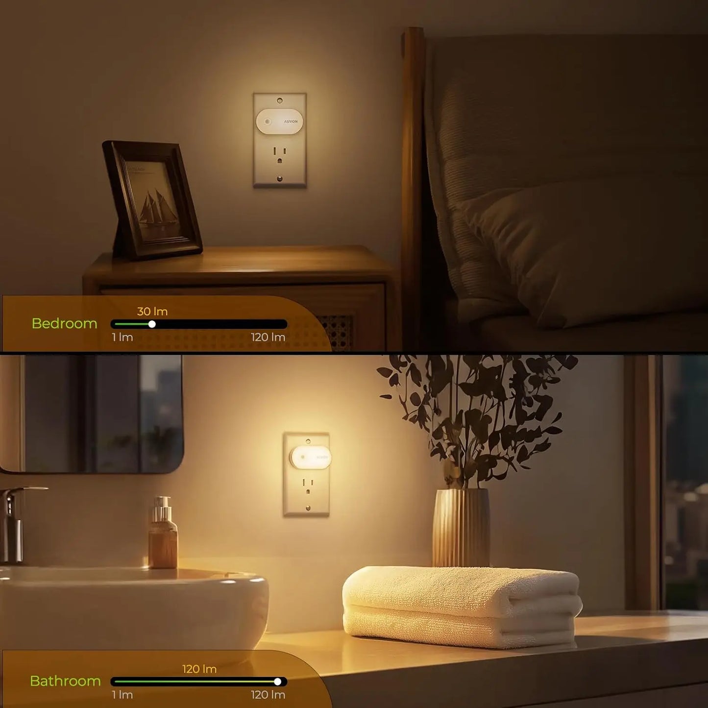 Smart Motion Sensor Night Light, Dimmable LED Plug-In, 1-120 Lumens, 4 Pack for Hallway, Bathroom, Garage
