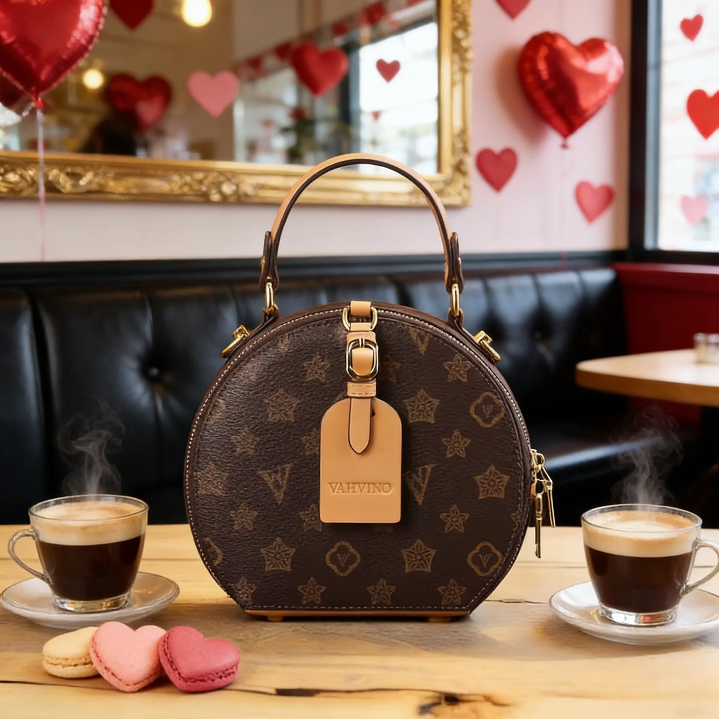 Vintage Floral Print Round Handbag for Women - Elegant Detachable Strap, Zipper Closure, Polyester Lined, White Leather-Like