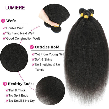 Kinky Yaki Straight Human Hair Bundles With Closure Frontal HD Transparent Brazilian Deep Curly Hair Bundles Deal Hair Extension
