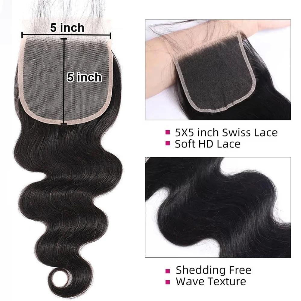 Body Wave Bundles Human Hair With Closure Brazilian Weaving 3 4 Bundles With 4x4 5x5 Lace Closure Virgin Hair Raw Hair Extension