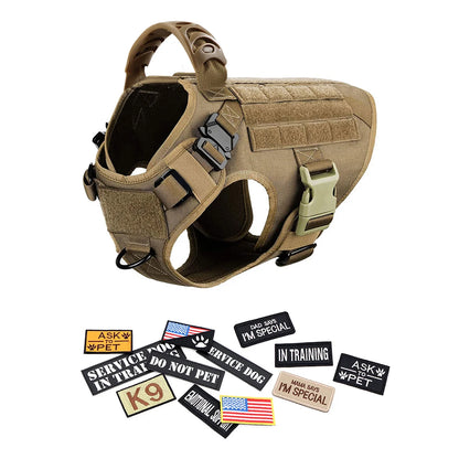 Tactical dog harness with handle, adjustable straps, side buckles, and assorted patches
