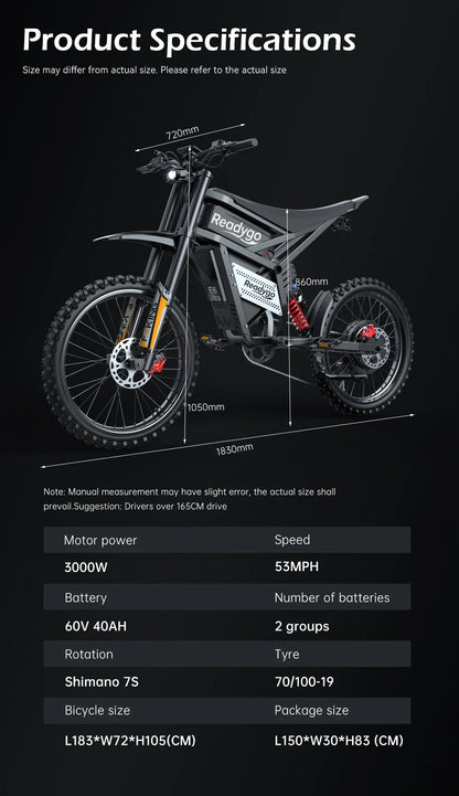 Readygo EKXBIKE E6 Ultra Adult Off-Road Ebike 3000W Brushless Motor 60V 30AH Lithium Battery Electric Bicycle 85Km/h
