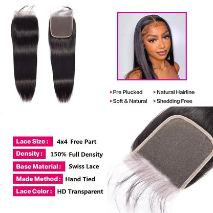 12A Straight Human Hair Bundles With 2x6/5x5 Lace Closure Unprocessed Brazilian Virgin Bundles 100% Raw Hair 3 Days Delivery