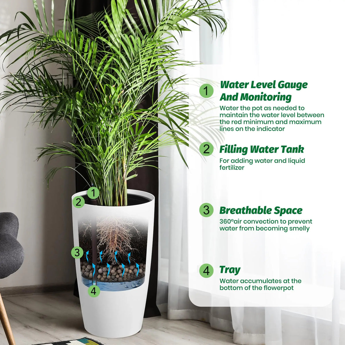 21.5 Inch Tall Self Watering Planters Set Of 2 With Water Level Indicator, Inner Buckets, Large Indoor Outdoor Pots For Patio Porch