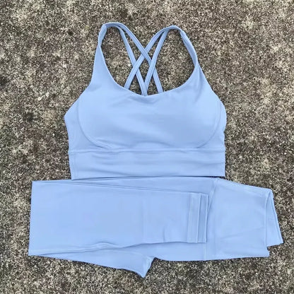 Solid Color Gym Fitness Set Tight Soft cross Fitness Bra 2pc compression High Waist Yoga Legging Suit Comprehensive Training Jog