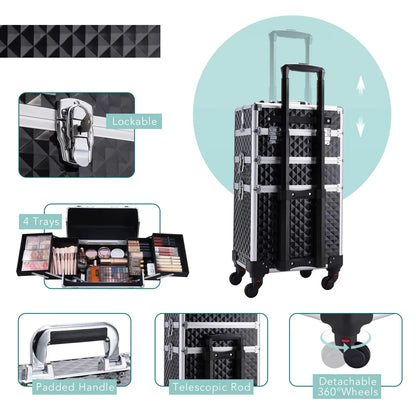 Maxulene Rolling Makeup Case 3 In 1 On Wheels Salon Trolley