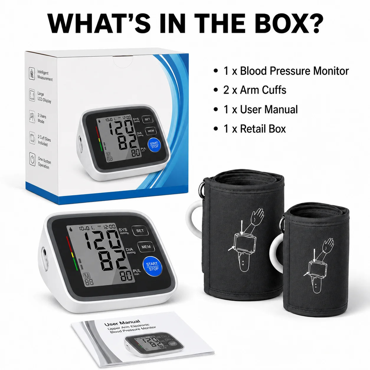 Automatic Upper Arm Blood Pressure Monitor with 2 Cuffs 22-43 cm and 32-53 cm, Large LCD, 2 Users, 180-Reading Memory, Pulse Rate for Home Use