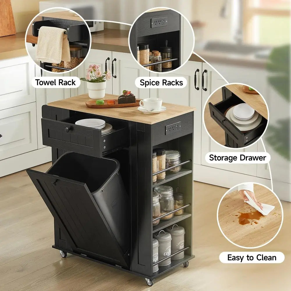 35 Kitchen Island with Trash Can Cabinet amp Power Outlet, Rolling Kitchen Cart with Storage Drawer, 6Tier Spice Rack, Portable