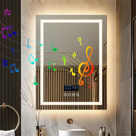 BORWART Smart LED Bathroom Mirror With Bluetooth Time Temperature AntiFog
