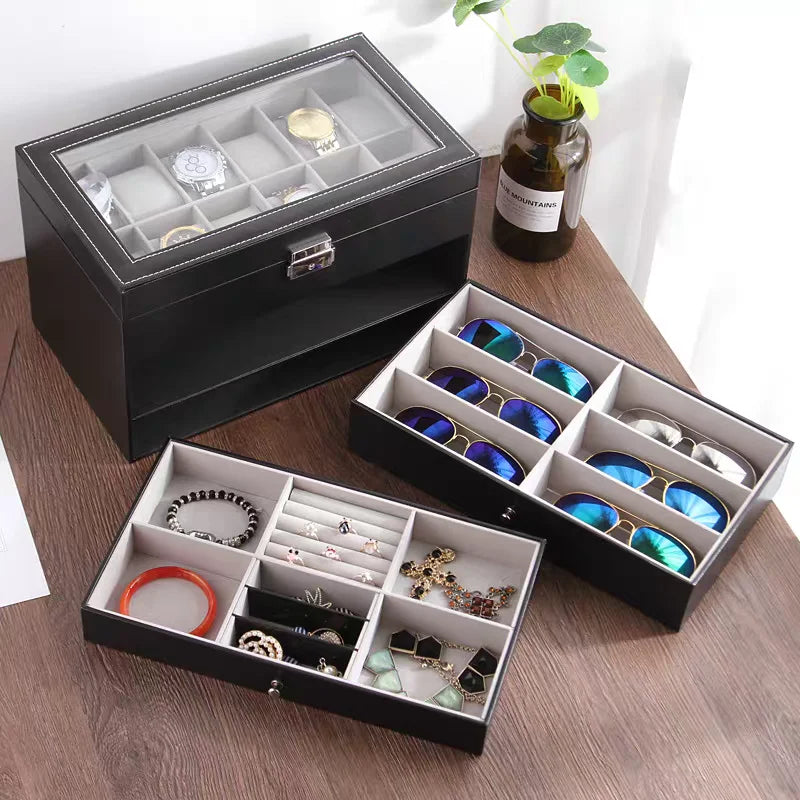3 Layer Black Leather Watch And Eyeglasses&Sunglasses Box With Jewelry Display Drawer Metal Buckle Case Organizer