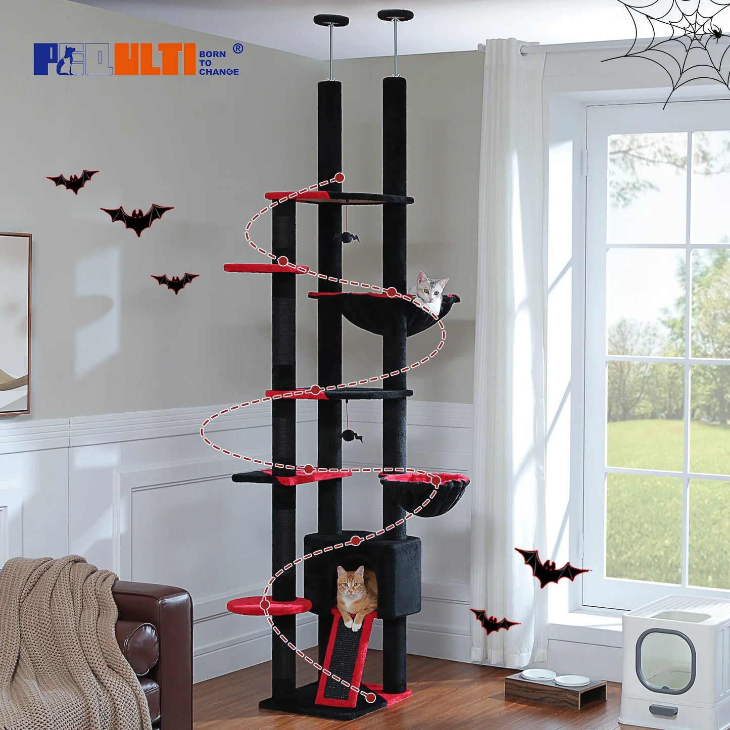 Floor to Ceiling Cat Tree with Sisal Scratching Posts Cozy Condo Hammock Adjustable Height Tall Cat Tower for Indoor Cat Toys