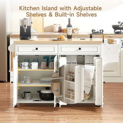 58 Mobile Kitchen Island Cart with Power Outlet, Storage, Spice Rack, Towel Rack & Knife Holder