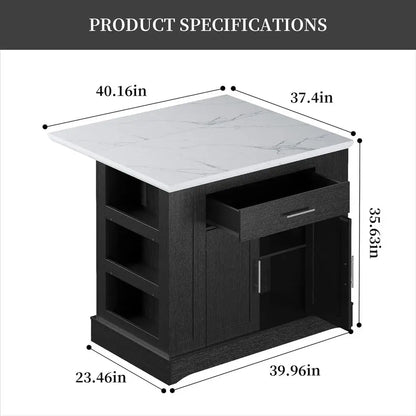 Spacious Kitchen Island with Storage, Power Outlet, Adjustable Shelves, Side Cabinets, Drop Leaf, and Bar Seating in Black